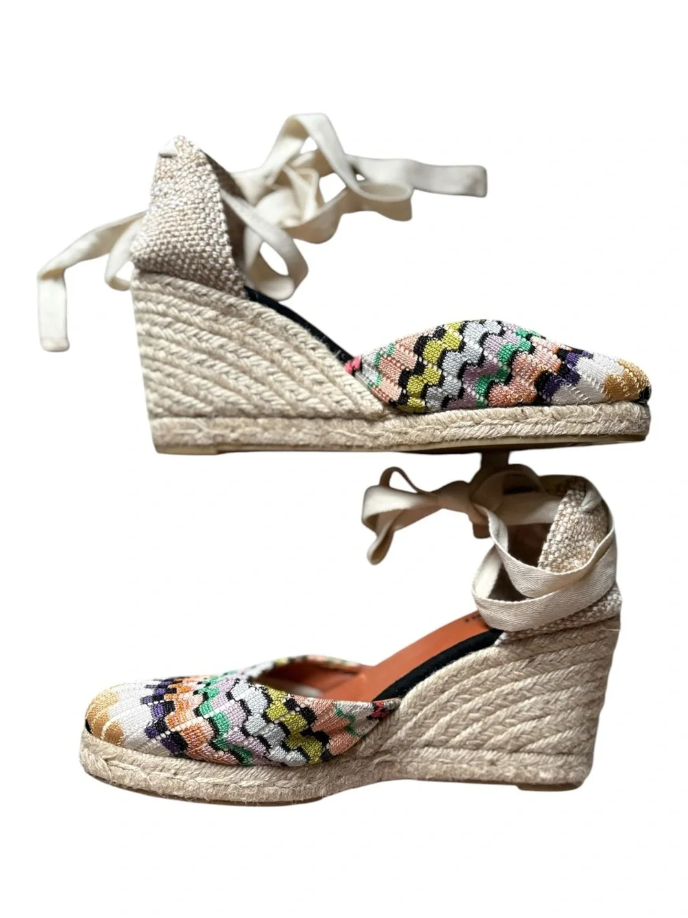 Castañer x Missoni Multicolor Embroidered Espadrille Wedges Ankle Ties, EU 40